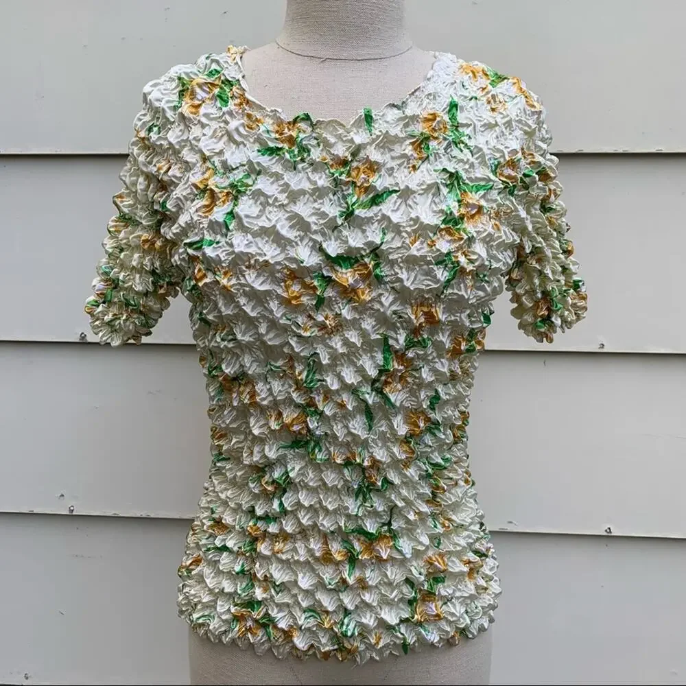 Y2K popcorn blouse retro floral cream gold